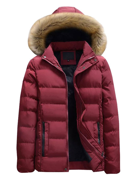 Image of Men Black Parka Furry Hood Padded Coat Cotton Fill Casual Winter Overcoat