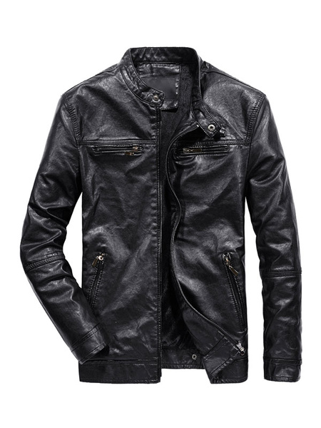 Image of Men Leather Jacket Stand Collar Buckle Zipper PU Biker Jacket