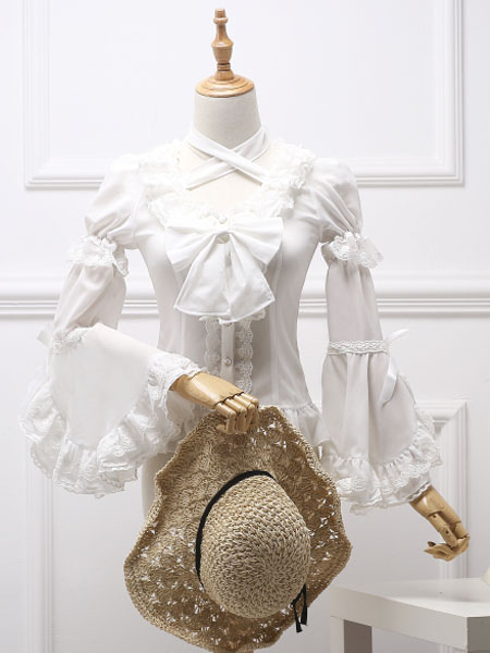 Image of Camicia Lolita bianca classica in lilla con fiocco in pizzo con fiocco in pizzo