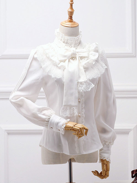 Image of Camicia Lolita classica in chiffon bianco con fiocco in pizzo arricciato Lolita
