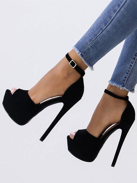 Milanoo Black Sexy Sandals Suede Peep Toe Platform Ankle Strap High Heel Sandals For Women