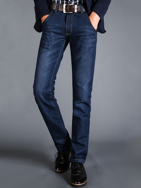 Image of Blue Denim Jeans Distressed Washed Striaght Leg Jean For Men