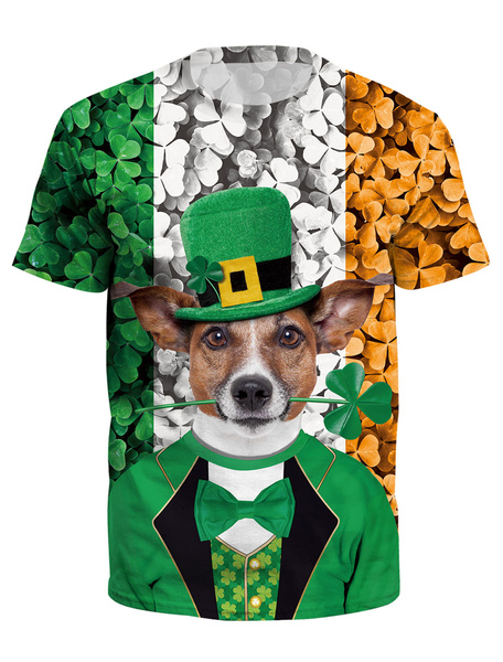 Milanoo Green T Shirt St Patricks Day 3D Print Dog Clover Unisex Irish Short Sleeve Top Halloween