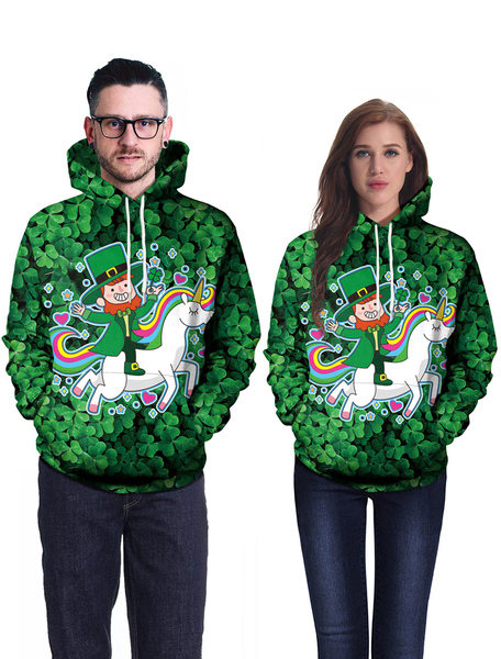 Milanoo Green Hoodie St Patricks Day Clover Unicorn Printed Top Irish Unisex Hooded Pullover Sweatsh