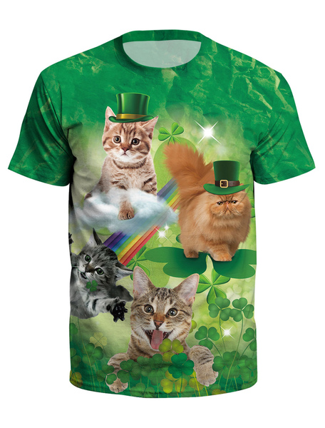 Milanoo St Patricks Day T Shirt Green 3D Printed Dog Cat Clover Unisex Irish Short Sleeve Top Hallow