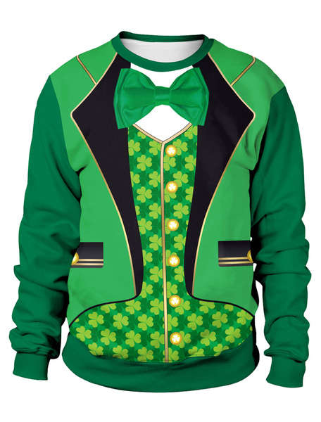 Image of Carnevale Felpa verde St Patricks Day Pullover Clover Stampato unisex manica lunga irlandese Top Costume Halloween
