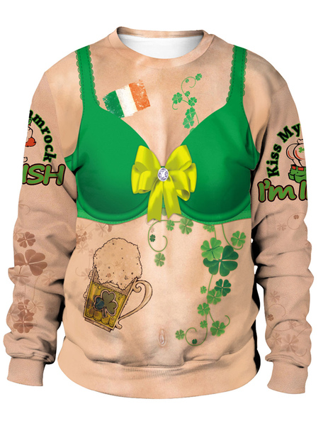 Image of Carnevale Felpa St Patricks Day 3D Printed Bra Clover Pullover Unisex Irish Long Sleeve Top Costume Halloween