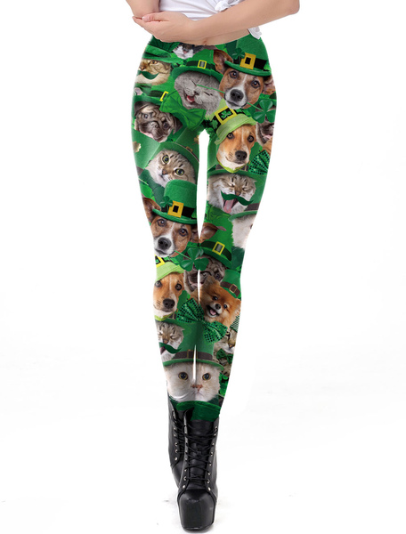 

Milanoo St Patricks Day Leggings Green 3D Print Clover Dog Cat Women Skinny Pants Bottoms Halloween