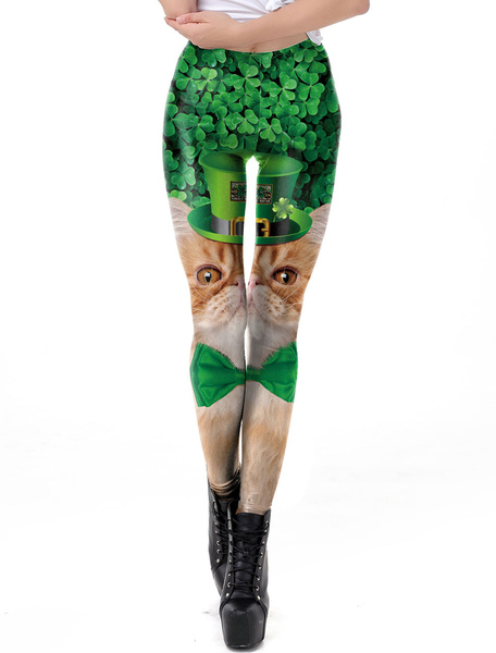 Image of Carnevale St Patricks Day Leggings Green 3D Print Tights Cat Donna Pantaloni skinny Bottoms Costume Halloween