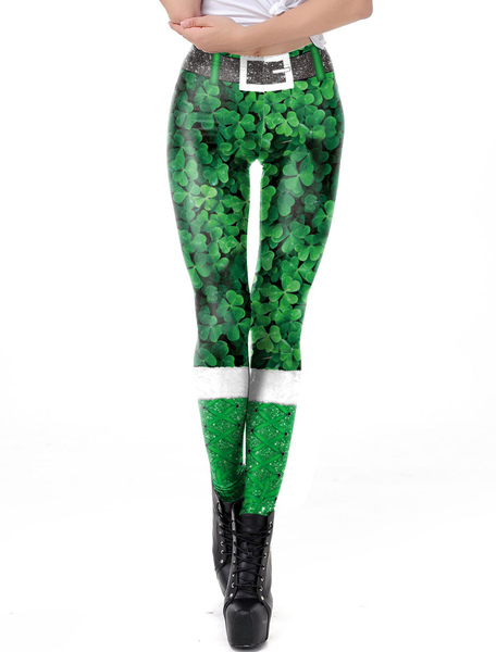 

Milanoo Women Leggings St Patricks Day 3D Print Clover Tights Skinny Pants Halloween, Green