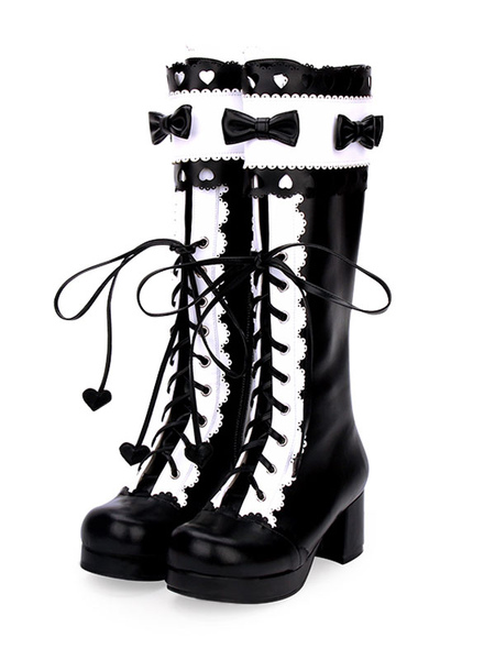 

Milanoo Classic Lolita Boots Lace Up Bow Two Tone Chunky Heel Black Lolita Knee High Boots