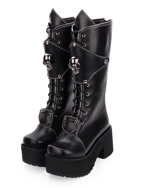 Image of Gothic Lolita Boots Skull Lace Up Platform Chunky Heel Black Lolita Shoes