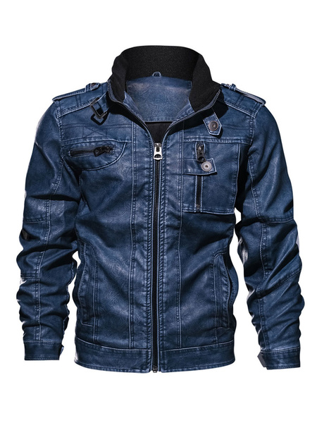 Image of Men Leather Jacket Plus Size PU Biker Jacket Stand Collar Buckle Pocket Motorcycle Jacket