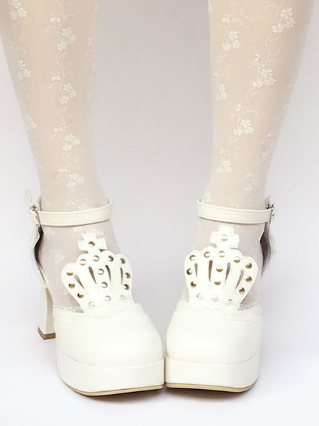 Milanoo White Lolita Shoes T Strap Chunky Heel Platform Stud Lovely Lolita Pumps Shoes