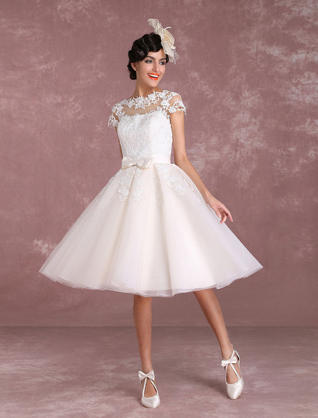 Milanoo Vintage Wedding Dresses Short Lace Applique Bridal Gown Illusion Bow Sash Bridal Dress