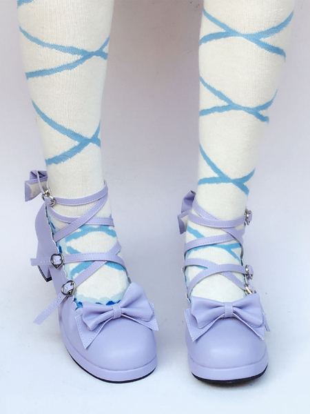 Milanoo Purple Lolita Shoes Cross Strap Chunky Heel Bow Sweet Lolita Pumps Shoes
