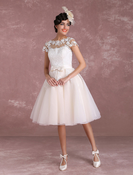Milanoo Vintage Wedding Dresses Short Lace Applique Bridal Gown Illusion Bow Sash Bridal Dress