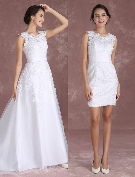 Milanoo Spitzenbrautkleid 2021 Hochzeit Kleid in Weiß mit Falten und Reißverschluss Satingewebe Mit