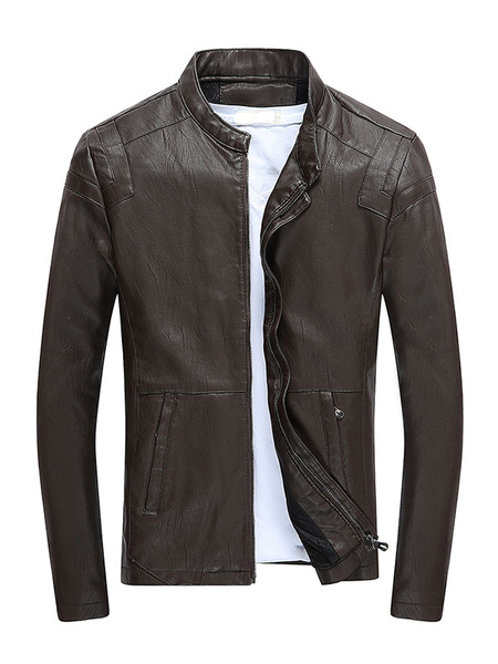Image of Burgundy Biker Jacket Stand Collar Zipper Long Sleeve Pu Men Leather Jacket
