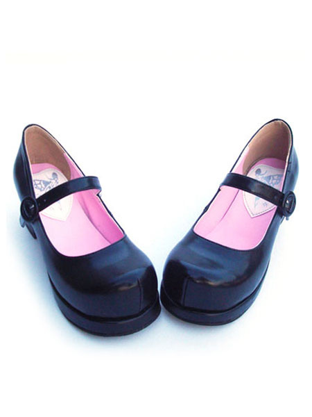 Milanoo Matte Black Lolita Square Heels Shoes Ankle Strap Buckle Round Toe