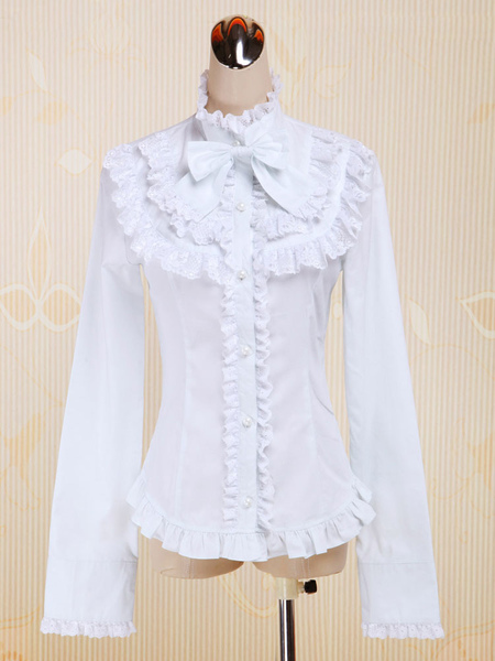 Milanoo White Cotton Lolita Blouse Long Sleeves Stand Collar Lace Trim Ruffles Bow