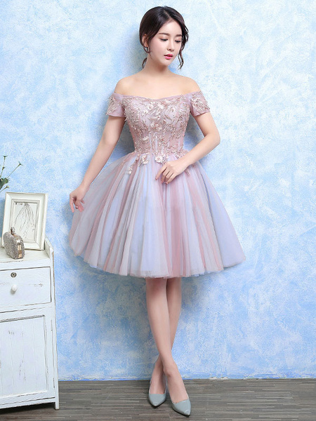 Image of Tulle Prom Dress Lace Applique Short Cocktail Dress Soft Pink Off The Shoulder Short Sleeve A Line Party Dress
