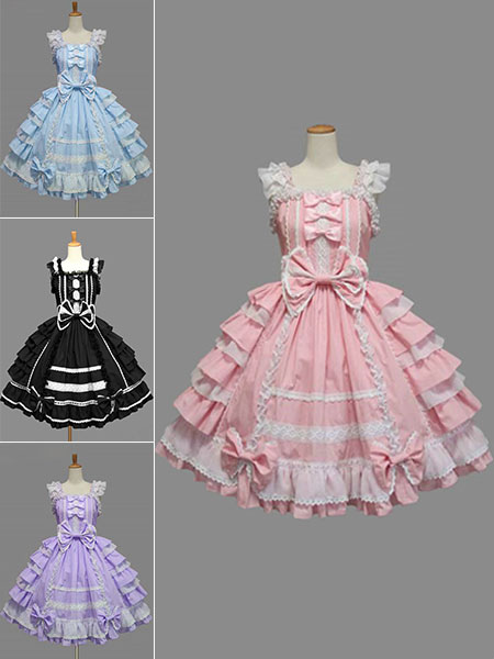 Milanoo Sweet Lolita Dress JSK Rococo Pink Cotton Lace Bow Ruffled Layered Lolita Jumper Skirt