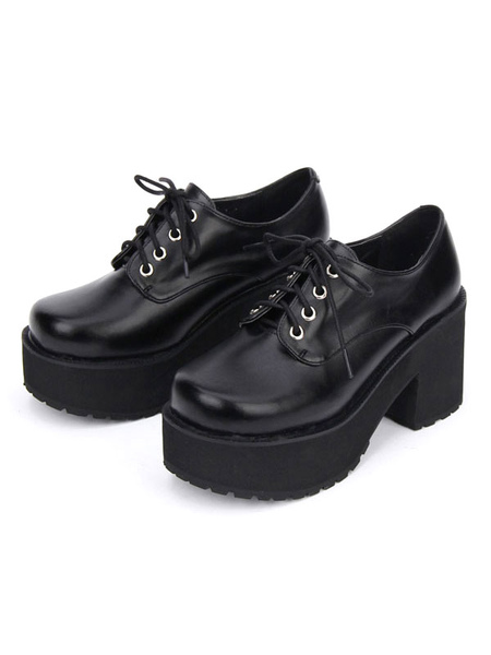 Milanoo Sweet Lolita Shoes Black Platform Chunky Heel Lace Up Lolita Boots