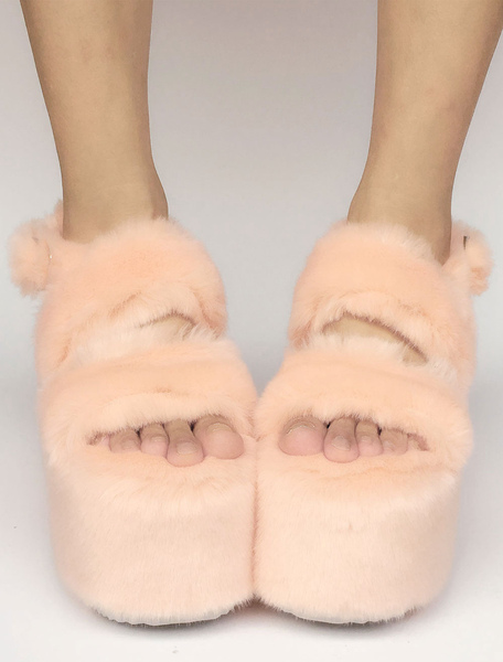 Milanoo Sweet Lolita Shoes Peach Faux Fur Platform Open Toe Wedge Lolita Sandals