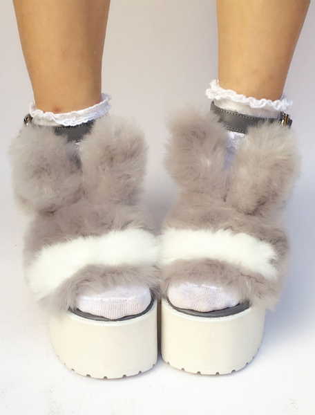 Milanoo Sweet Lolita Shoes Faux Fur Bunny Platform Chunky Heel Open Toe Lolita Sandals