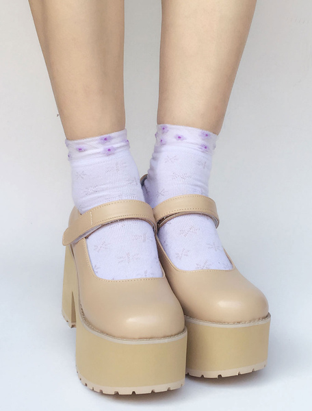 Milanoo Sweet Lolita Shoes Beige Platform Straps Chunky Heel Lolita Pumps