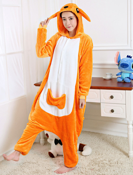 Image of Kigurumi Pajama Kangaroo Onesie Orange Flannel Animal Sleepwear For Adult Back With Zipper Halloween