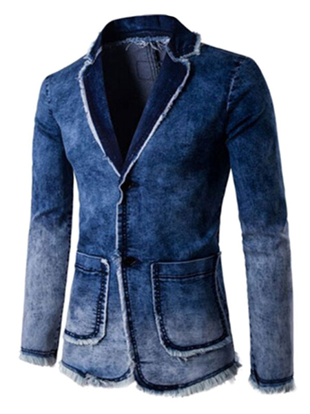 Image of Denim Blazer Blue Turndown Collar Ragged Hem Casual Blazer For Men Washed 2 Button Suit Jacket