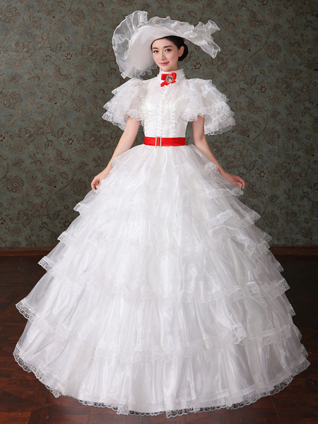 Image of Costume Vintage vittoriano palla abito Tulle bianco vestito Costume retrò donna Carnevale