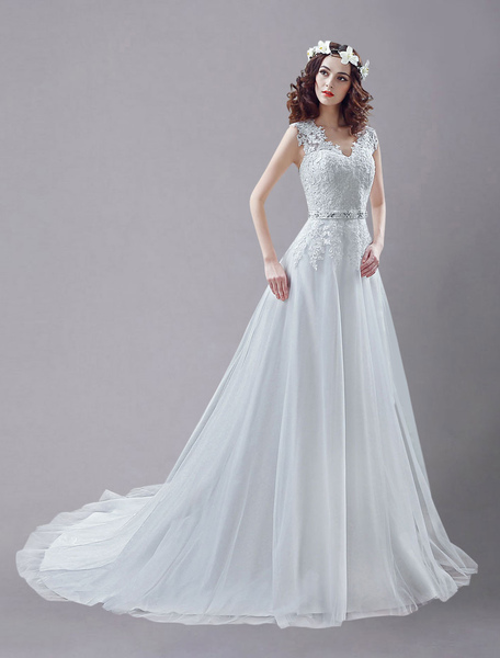 Milanoo White Wedding Dress Queen Anne Embroidered Sash Lace Wedding Gown