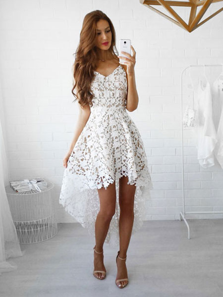 White Lace Dress Spaghetti Straps High Low Semi Sheer Short Dress