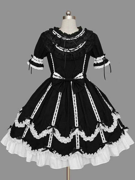 Milanoo Sweet Lolita Dress OP Black Short Sleeve Cotton Lolita One Piece Dr...