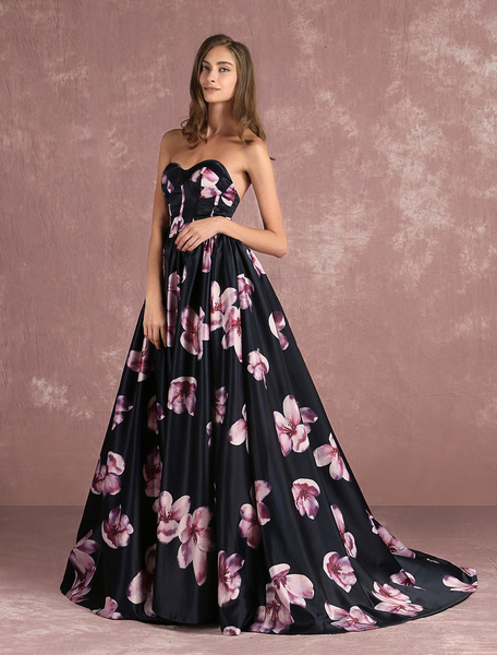 Milanoo Floral Pageant Dress Black Sweatheart Strapless Long Prom Dress Boned Printed Chapel Train O