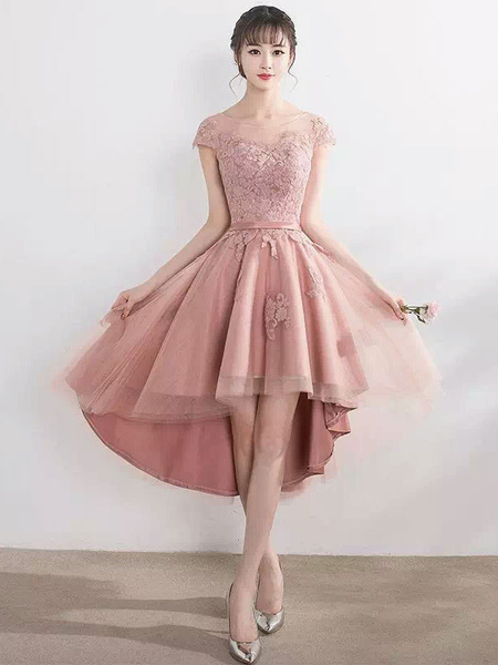 Milanoo Blush Pink Homecoming Dresses High Low Lace Applique Illusion Short Prom Dresses 2021