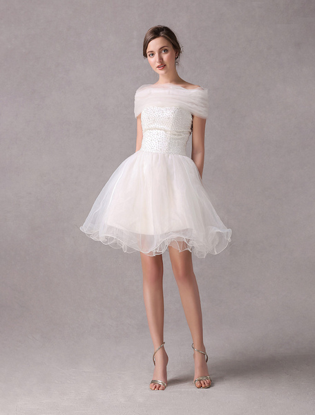 Milanoo White Strapless A Line Beading Organza Tiered Short Wedding Dress