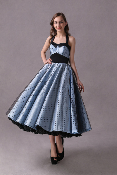 

Milanoo Rockabilly Bridesmaid Dresses Short Baby Blue Polka Dot Print Halter Tea Length Vintage Wedd
