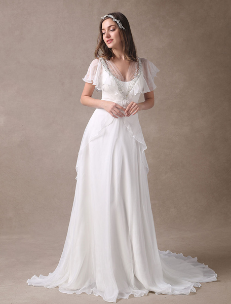 Milanoo Ivory Beading V Neckline Wedding Dress Court Train Ruffles Bridal Dress