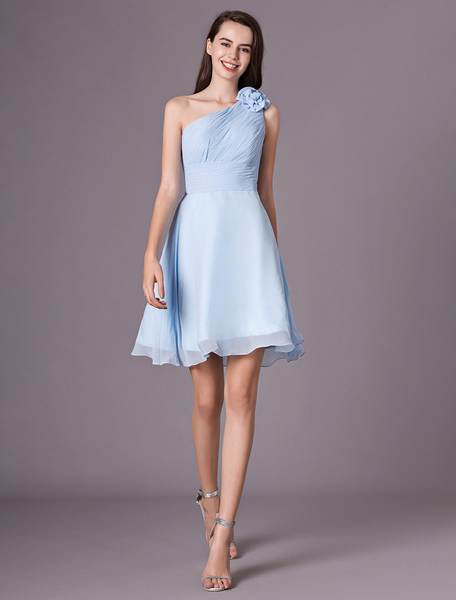 Milanoo Chiffon Bridesmaid Dress Baby blue One Shoulder Knee Length Flowers Prom Dress