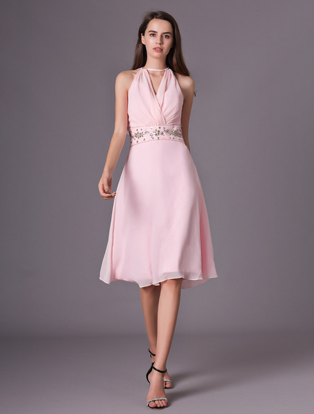 

Milanoo Elegant V-Neck Knee-Length Chiffon Beading Bridesmaid Dress, Soft pink