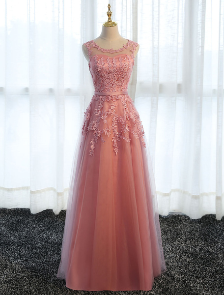 Milanoo Long Prom Dresses Lace Cameo Pink Party Dress A Line Applique Tulle Maxi Formal Dress