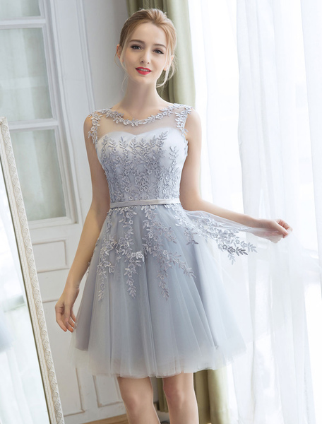 Milanoo Homecoming Dresses Short Light Grey Prom Dresses Lace Applique Tulle Tutu Party Dress