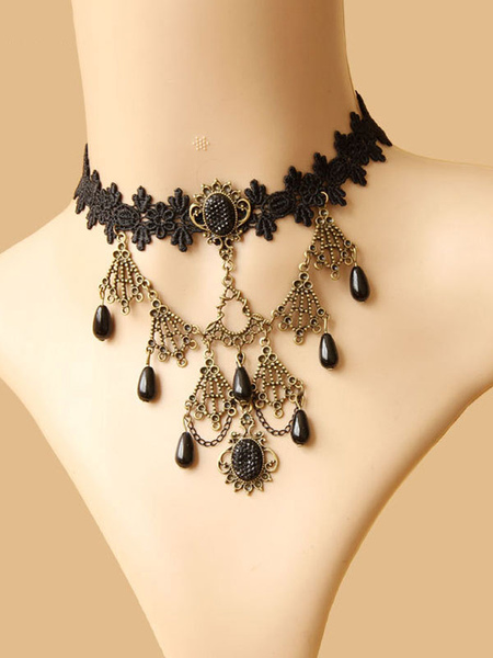 gothique lolita choker détail métal bijou dentelle noir lolita choker collier déguisements halloween