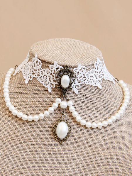 Image of Classic Lolita Jewelry Perle Bead Particolare in metallo Lace Vintage White Lolita Choker