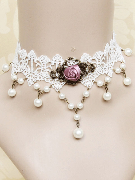 classique lolita collier floral perle perle dentelle blanc lolita choker déguisements halloween