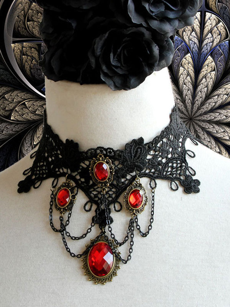gothique lolita choker détail en métal jewel lace lolita noir collier déguisements halloween